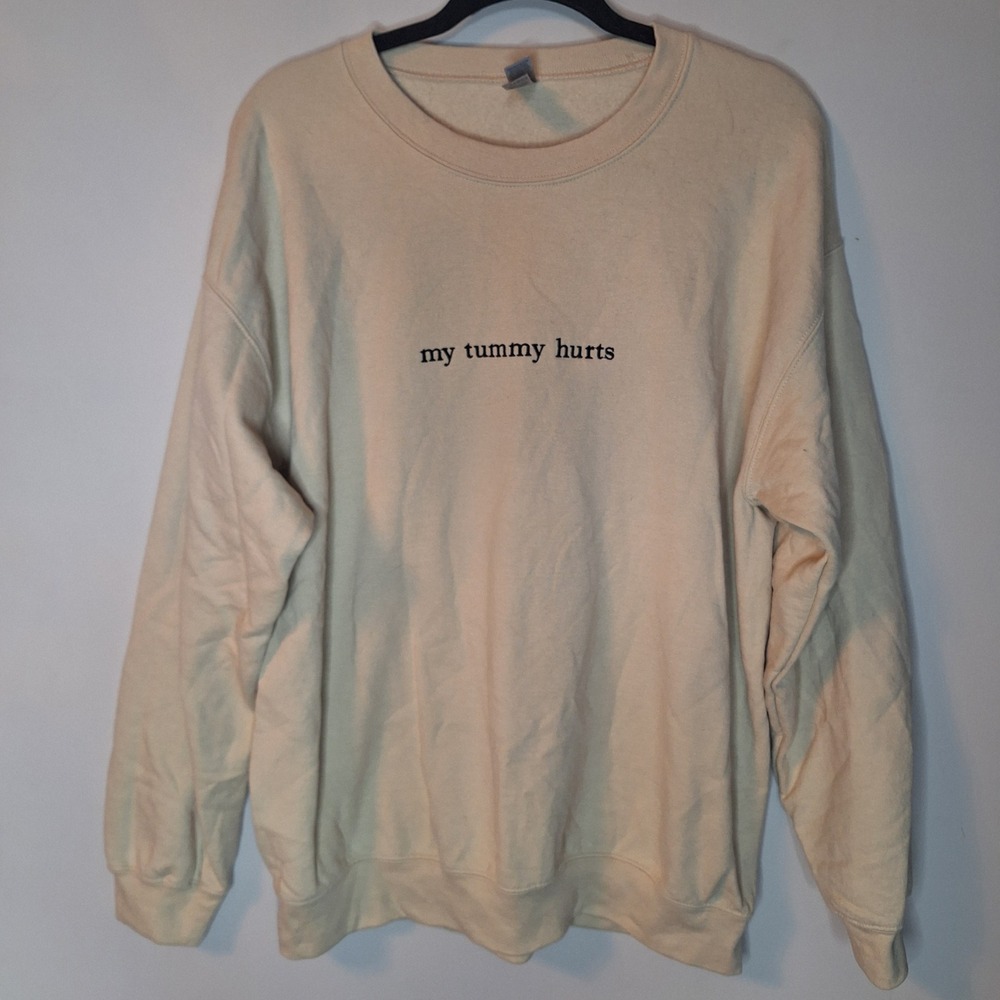 Gildan My Tummy Hurts Embroidered Sweatshirt Sand Beige Crewneck Size Large